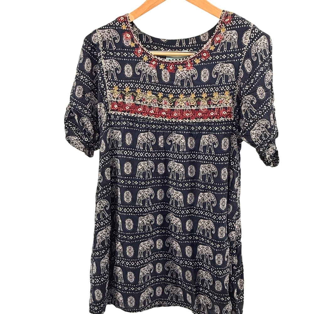 Skies Are Blue Navy Blue Elephant Print‎ Embroidered Tunic Top XS